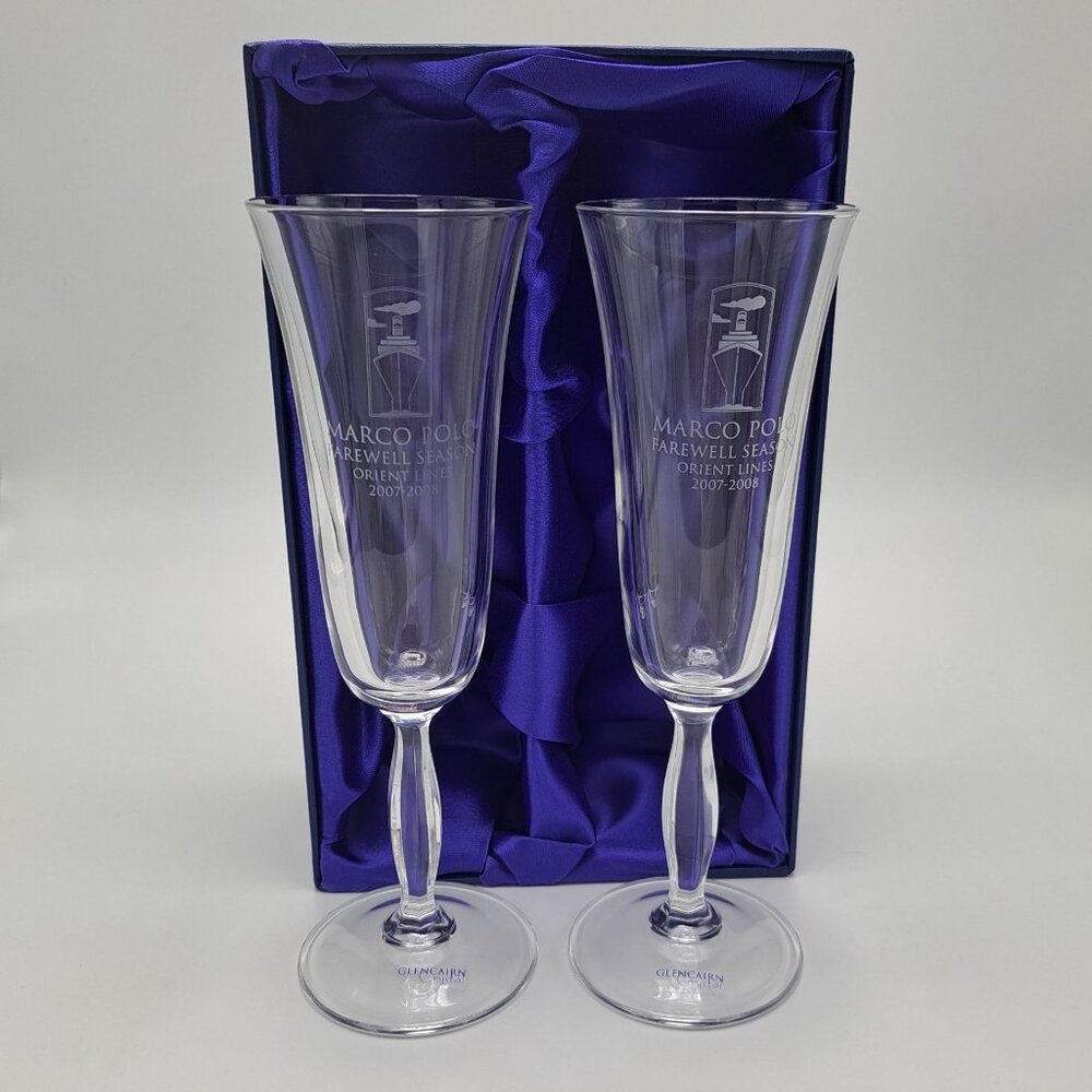 Glencairn Crystal Marco Polo Orient Lines Souvenir Embossed Stem Glasses Custom